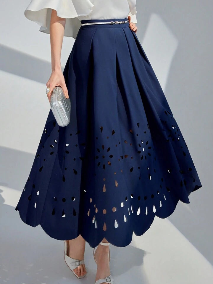 CM-BS662426 Women Elegant Seoul Style Solid Color Hollow Out Fashion Midi Skirt - Navy Blue