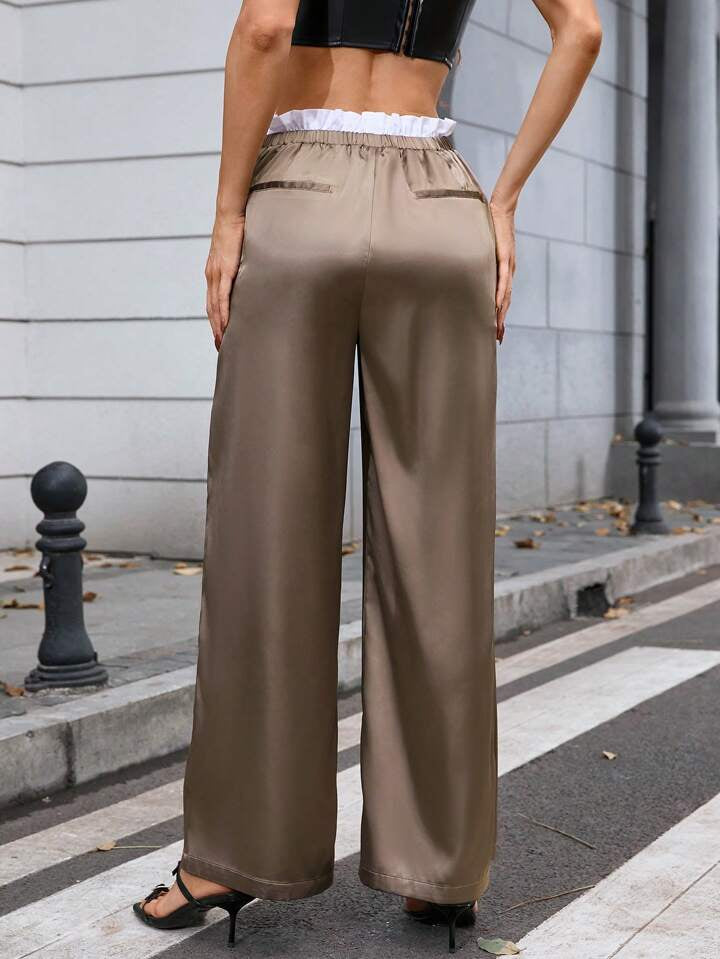 CM-BS166666 Women Elegant Seoul Style Drawstring Waistband Glossy Straight Leg Pants - Khaki