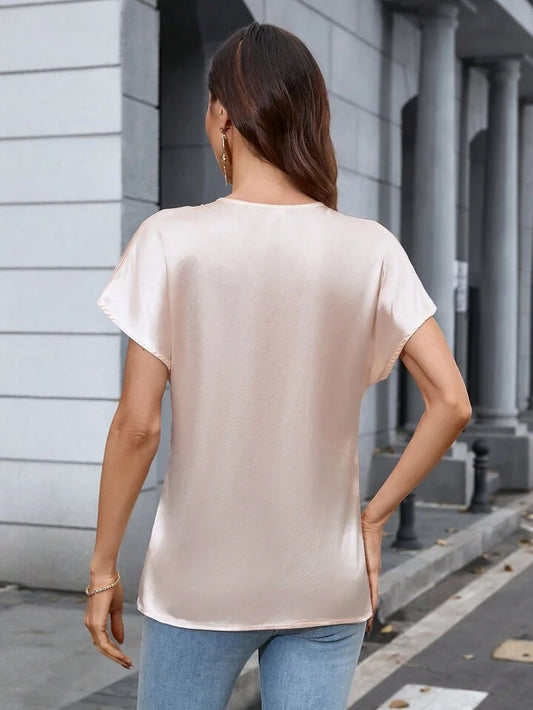 CM-TS152818 Women Casual Seoul Style Glossy Waist-Cinching Short Sleeve Shirt - Pink