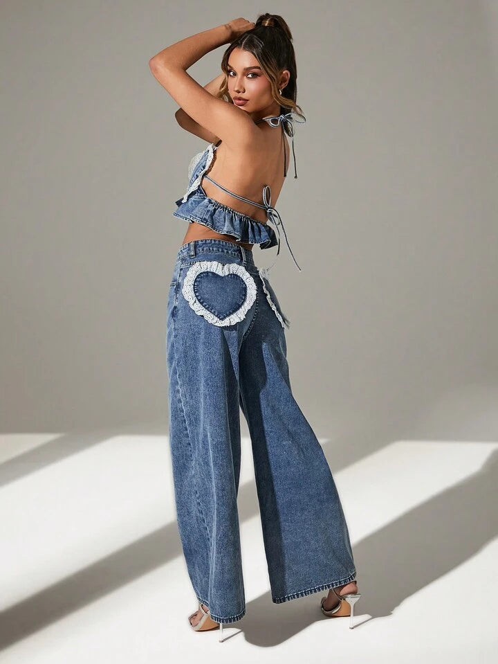 CM-BS454761 Women Casual Seoul Style Washed Heart Shape Ruffle Hem Wide Leg Jeans