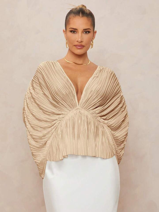 CM-TS261324 Women Elegant Seoul Style Deep V-Neck Oversized Ruffle Sleeves Loose Blouse - Khaki