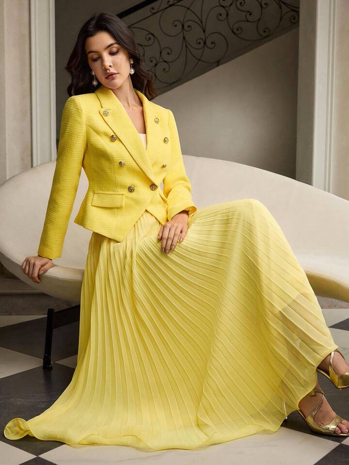 CM-BS180003 Women Elegant Seoul Style Ultra High Waist Pleated Flowy A-Line Long Skirt - Yellow