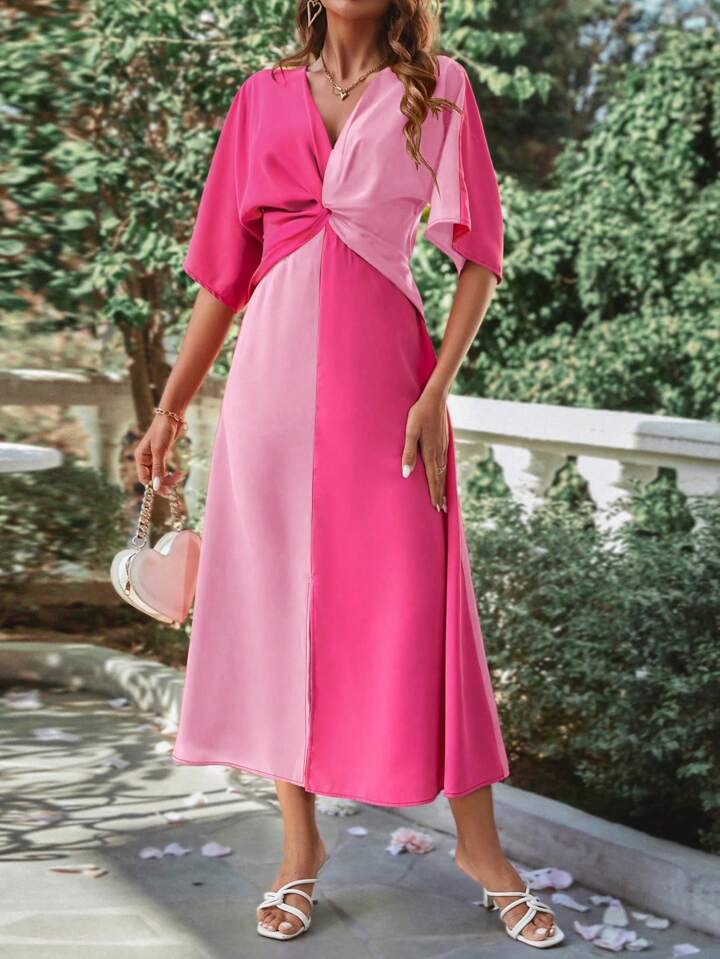 CM-DS256496 Women Casual Seoul Style V-Neck Twist Front Batwing Sleeve High Slit Maxi Dress