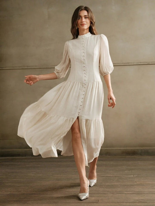 CM-DS204072 Women Elegant Seoul Style Stand Collar 3/4 Sleeve Loose Weave Midi Dress - Apricot