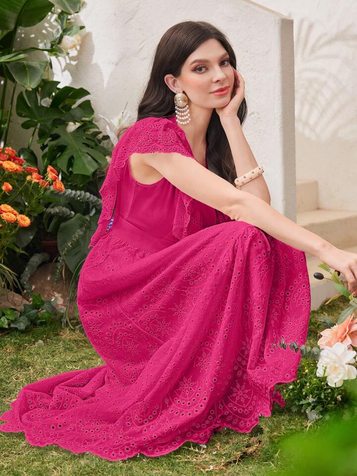 CM-DS312270 Women Trendy Bohemian Style V-Neck Short Sleeve A-Line Maxi Dress - Hot Pink