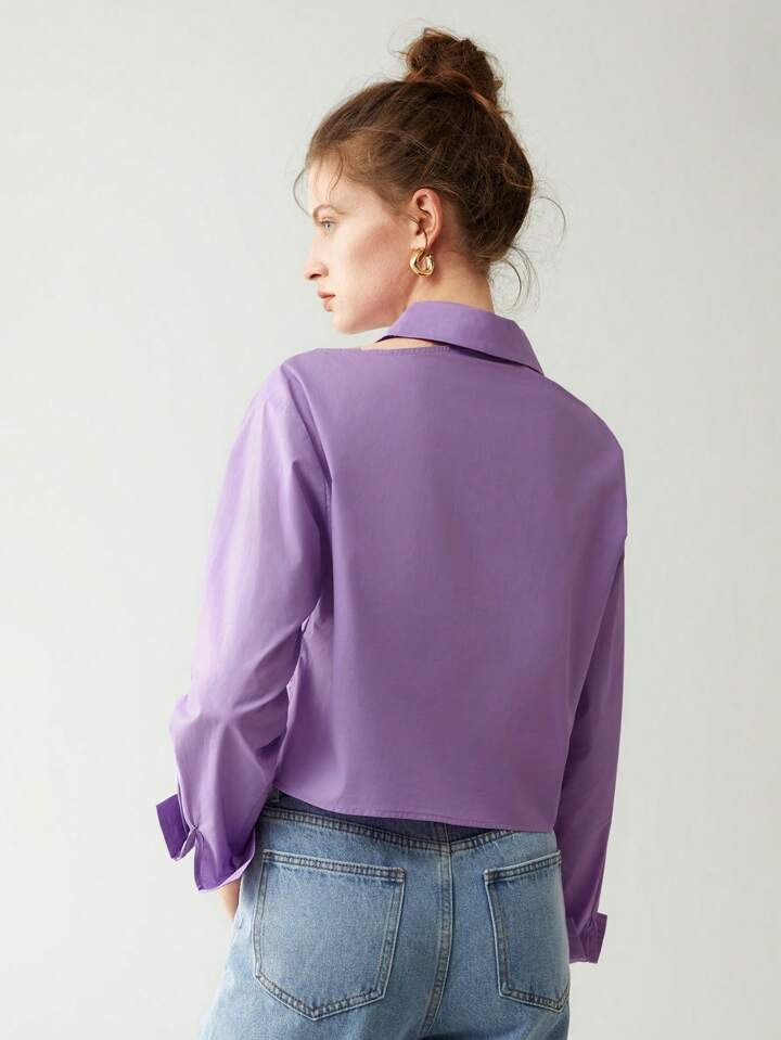 CM-TS048041 Women Casual Seoul Style Cut Out Shoulder Button Front Shirt - Purple