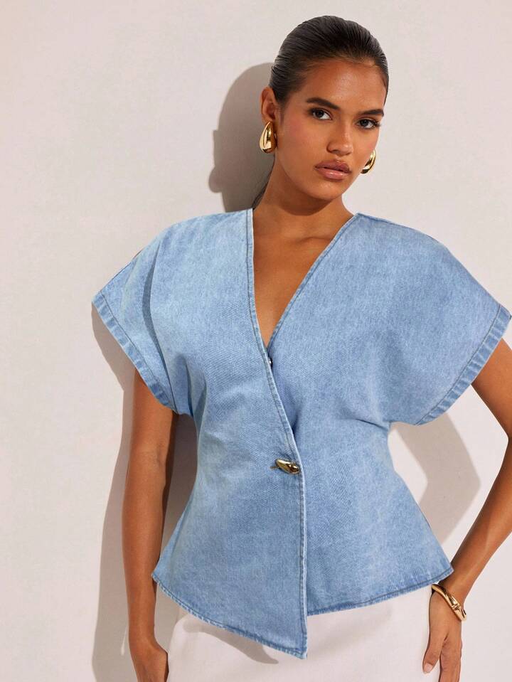 CM-TS516556 Women Casual Seoul Style Single-Button V-Neck Batwing Sleeve Denim Blouse - Baby Blue