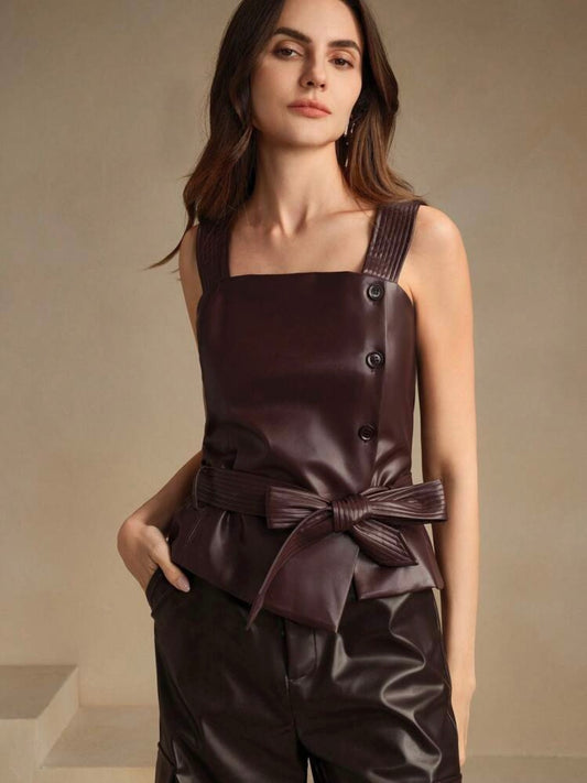 CM-TS629662 Women Elegant Seoul Style PU Leather Sleeveless Belted Cropped Tank Top - Coffee Brown