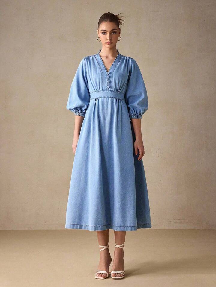 CM-DS367700 Women Elegant Seoul Style Deep V-Neck Lantern Sleeve Midi Denim Dress - Blue