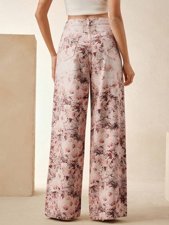CM-BS072064 Women Casual Seoul Style Floral Printed High-Waisted Wide Leg Jeans - Pink