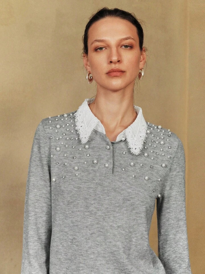 CM-CS224992 Women Elegant Seoul Style Contrast Lace Asymmetrical Gradient Bubble Beads Decor Sweater