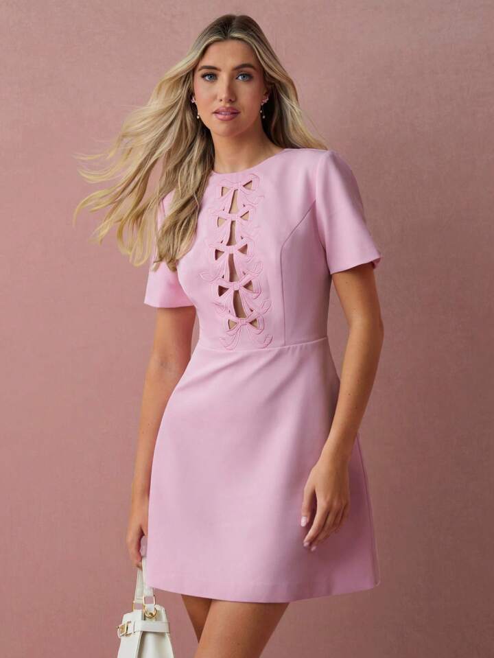 CM-DS119207 Women Elegant Seoul Style Bowknot Hollow-Out Embroidered Short Sleeves Round Neck Mini Dress - Pink