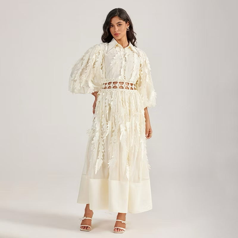 CM-DY055505 Women Elegant European Style Collar Rhinestone Neckline Half Sleeve Hollow Out Long Dress - Apricot