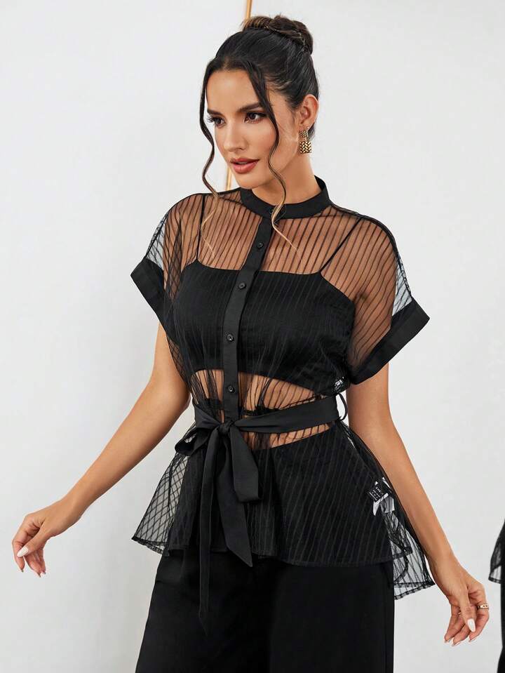 CM-TS823772 Women Casual Seoul Style Striped Mesh Batwing Short Sleeve Shirt - Black