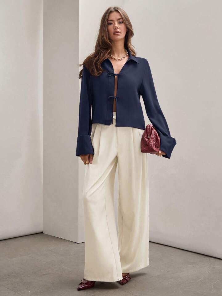 CM-TS870256 Women Trendy Bohemian Style Shirt Collar Front Tie Long Sleeve Shirt - Royal Blue