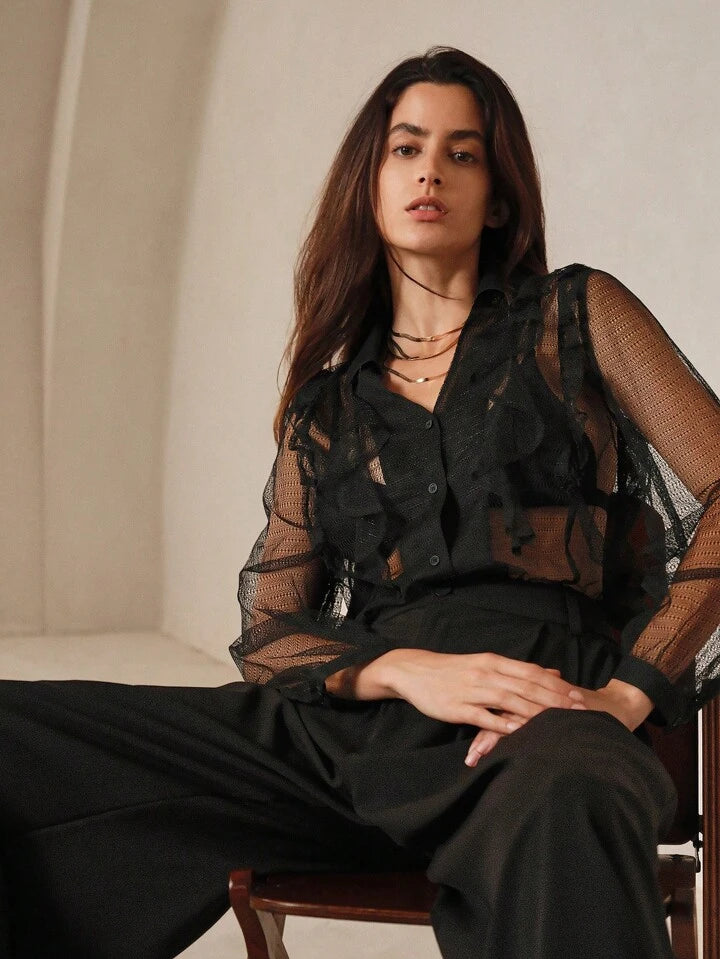 CM-TS721729 Women Elegant Seoul Style Mesh Gauze Lotus Leaf Edge Light Thin Shirt - Black