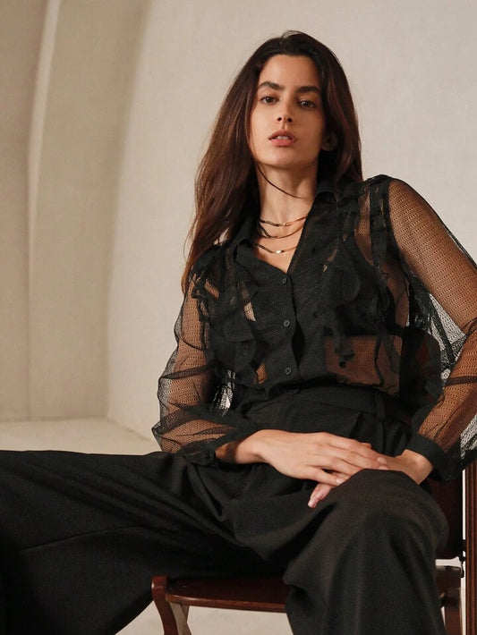 CM-TS721729 Women Elegant Seoul Style Mesh Gauze Lotus Leaf Edge Light Thin Shirt - Black