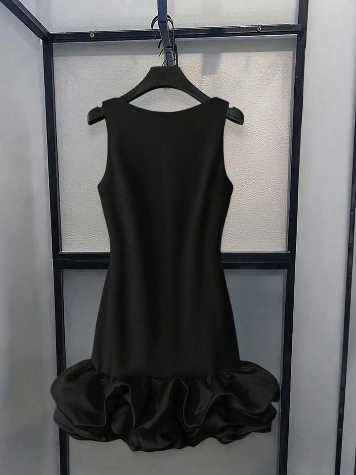 CM-DS349834 Women Elegant Seoul Style Round Neck Sleeveless Ruffle Hem Short A-Line Dress - Black
