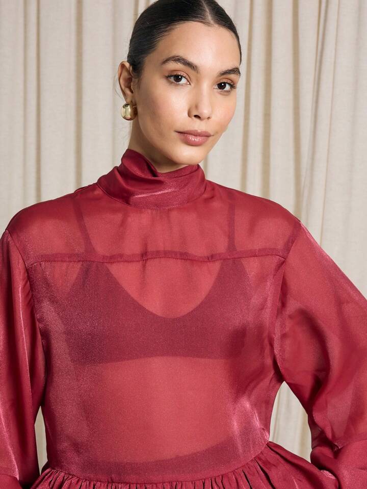 CM-TS814699 Women Elegant Seoul Style Neck Tie Flared Long Sleeve Sheer Ruffle Blouse - Red