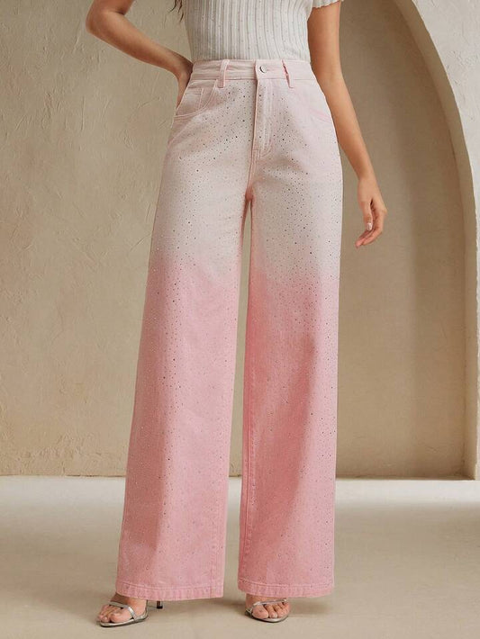 CM-BS570000 Women Casual Seoul Style Heavy Bling Decor Loose Wide Leg Jeans - Pink