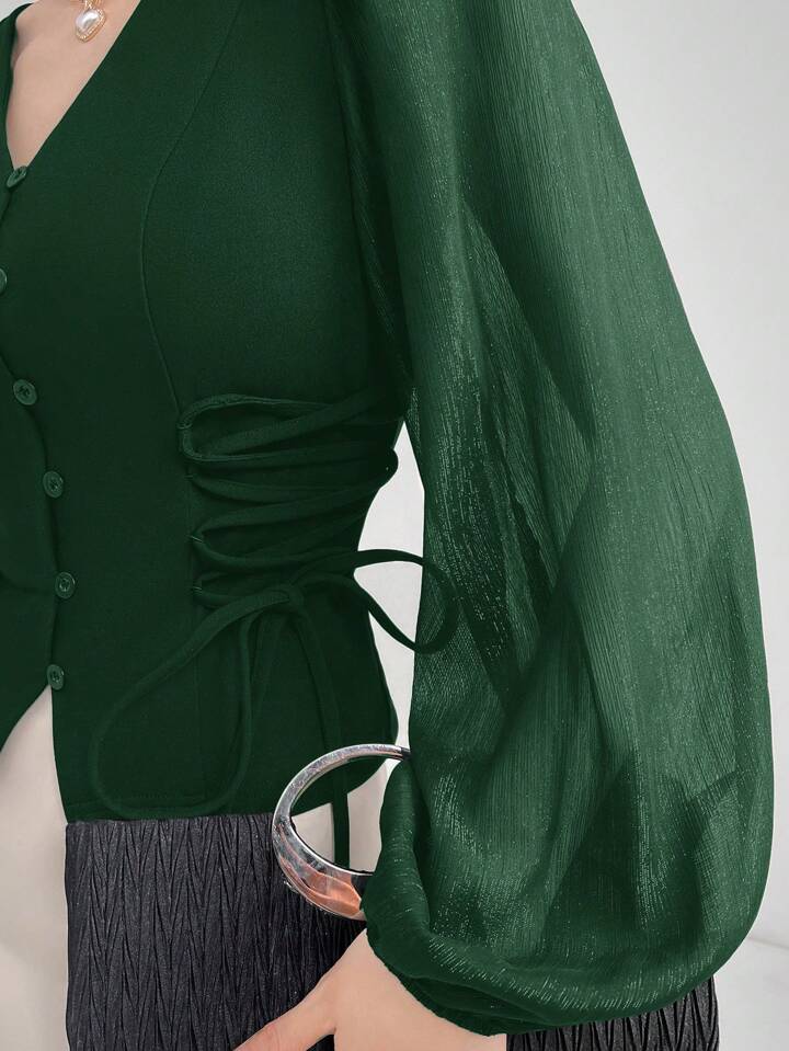 CM-TS801224 Women Elegant Seoul Style Sheer V-Neck Puff Lantern Sleeves Lace-Up Detail Blouse - Dark Green