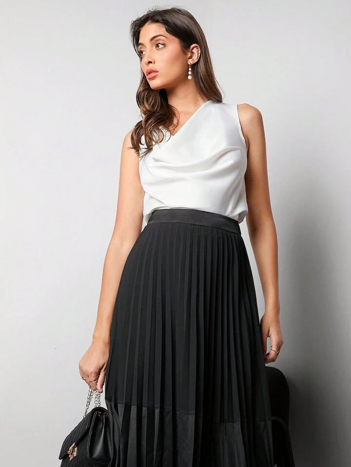 CM-BS614252 Women Elegant Seoul Style High Waist Long Pleated Skirt - Black