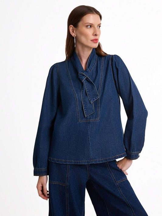 CM-TS357325 Women Casual Seoul Style Medium Wash Tie Front Long Sleeve Loose Denim Shirt Blouse
