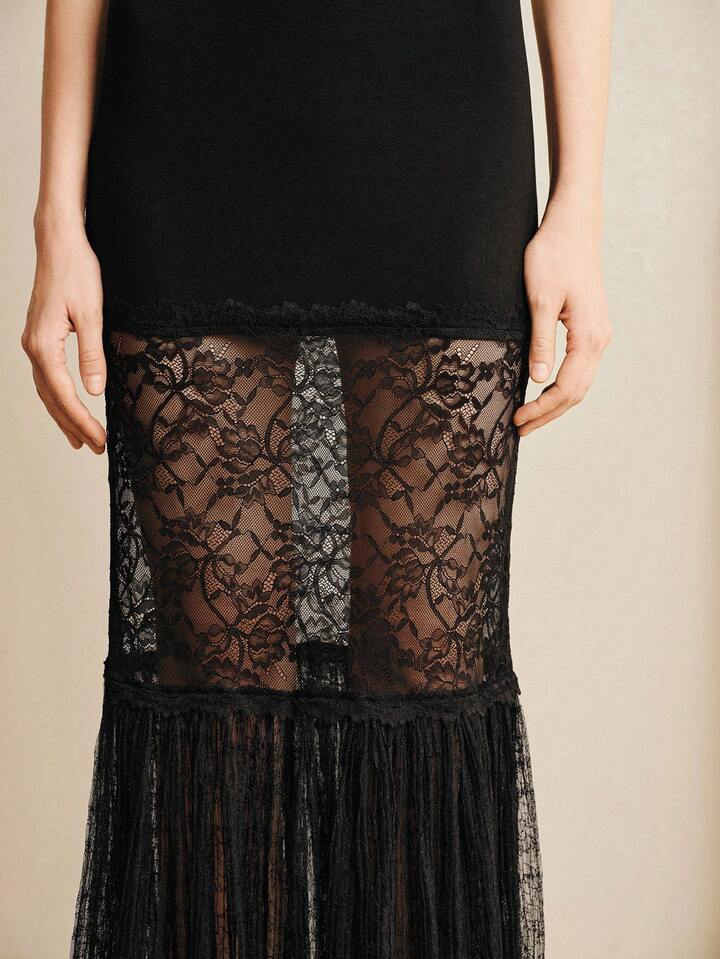 CM-BS365072 Women Elegant Seoul Style Chiffon Lace Hollow Out Lace Patchwork Ruffled Trim Long Skirt - Black