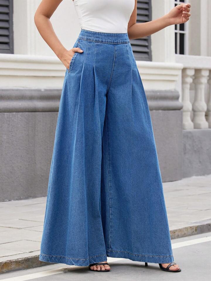 CM-BS481900 Women Casual Seoul Style Medium Wash High Waist Pleated Wide-Leg Jeans