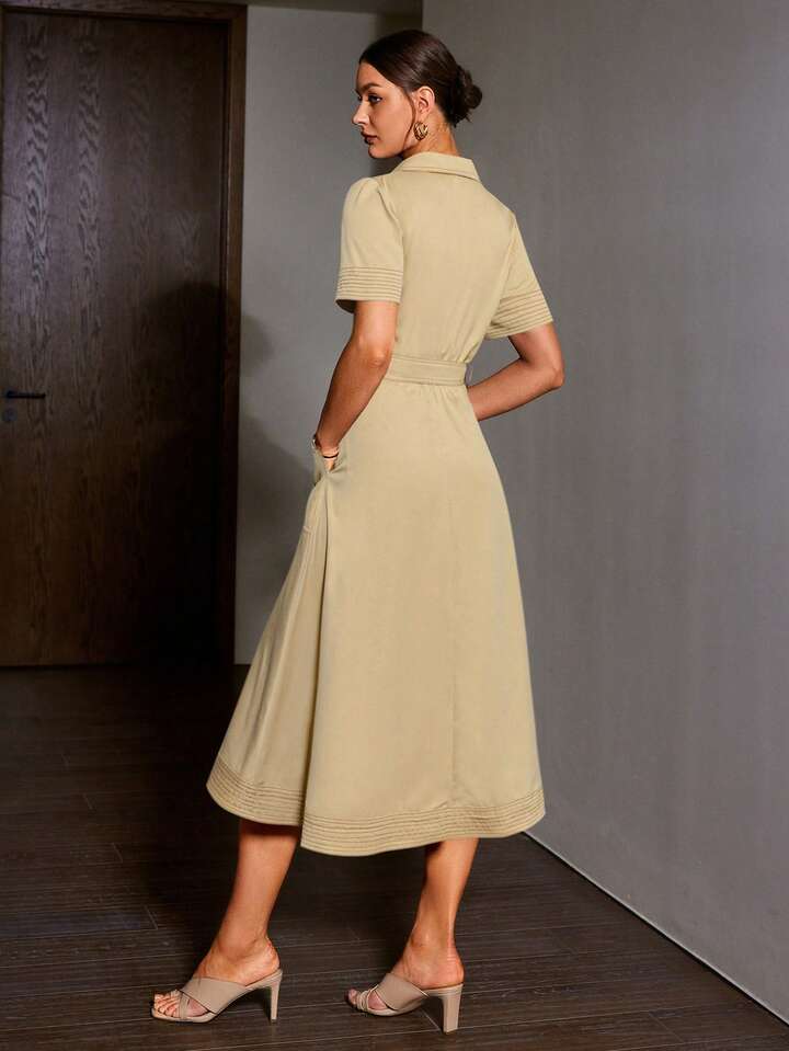 CM-DS136677 Women Elegant Seoul Style Denim-Like Collared Contrast Color Short Sleeve Belted Dress - Khaki