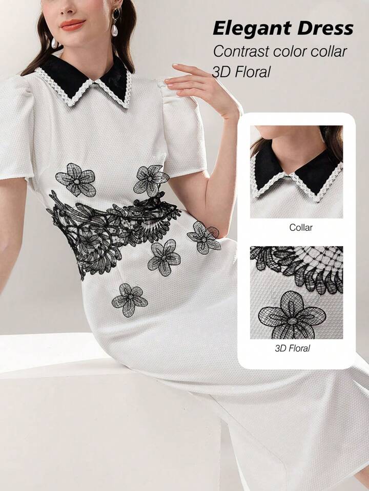 CM-DS226634 Women Casual Seoul Style Contrast Color Collar Ruffled Mid-Length Dress - White