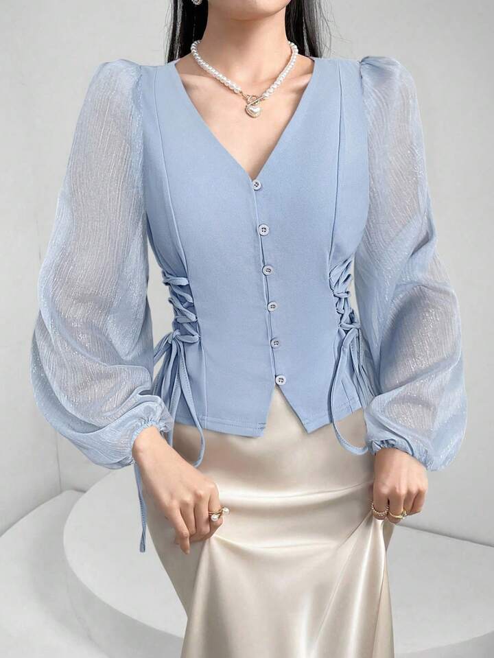 CM-TS863683 Women Elegant Seoul Style Sheer V-Neck Puff Lantern Sleeves Lace-Up Detail Blouse - Blue