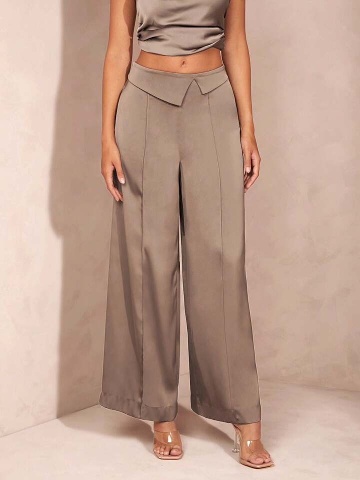 CM-BS689339 Women Elegant Seoul Style Flip-Up Satin Wide-Leg Straight Trousers - Dark Gray