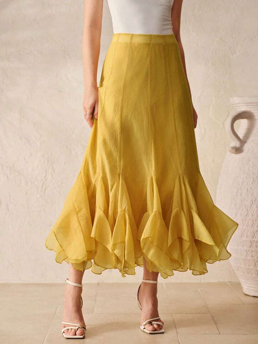 CM-BS938551 Women Elegant Seoul Style Mid Waist Textured Chiffon Layered Ruffle Hem Long Skirt - Yellow