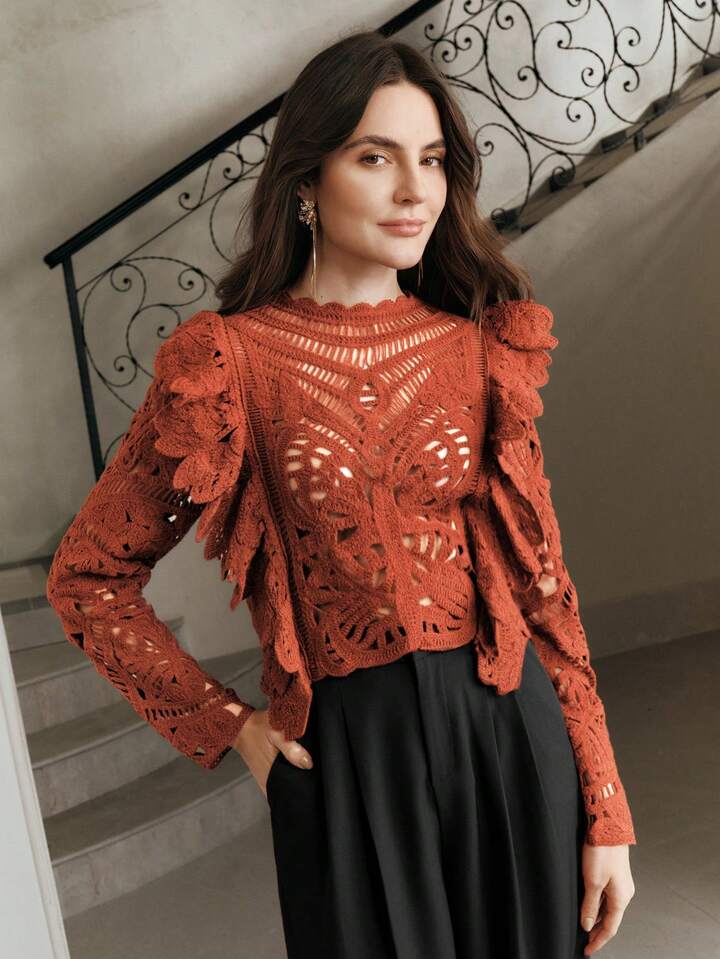 CM-TS490712 Women Casual Seoul Style Symmetrical Floral Pattern Cropped Ruffled Hem Knit Top - Rust Brown
