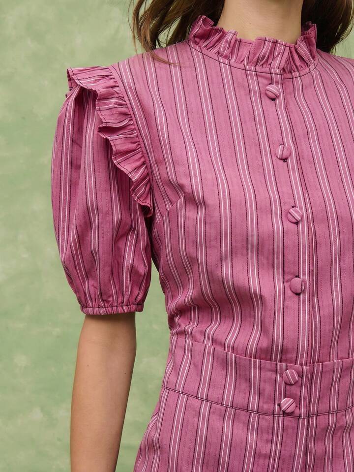 CM-JS310763 Women Casual Seoul Style Ruffled Collar Puff Sleeve Wide Leg Pinstripe Jumpsuit - Red
