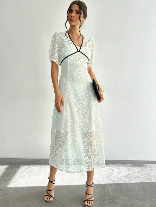 CM-DS334369 Women Elegant Seoul Style Contrast Color Deep V-Neck Short Sleeve Lace A-Line Dress
