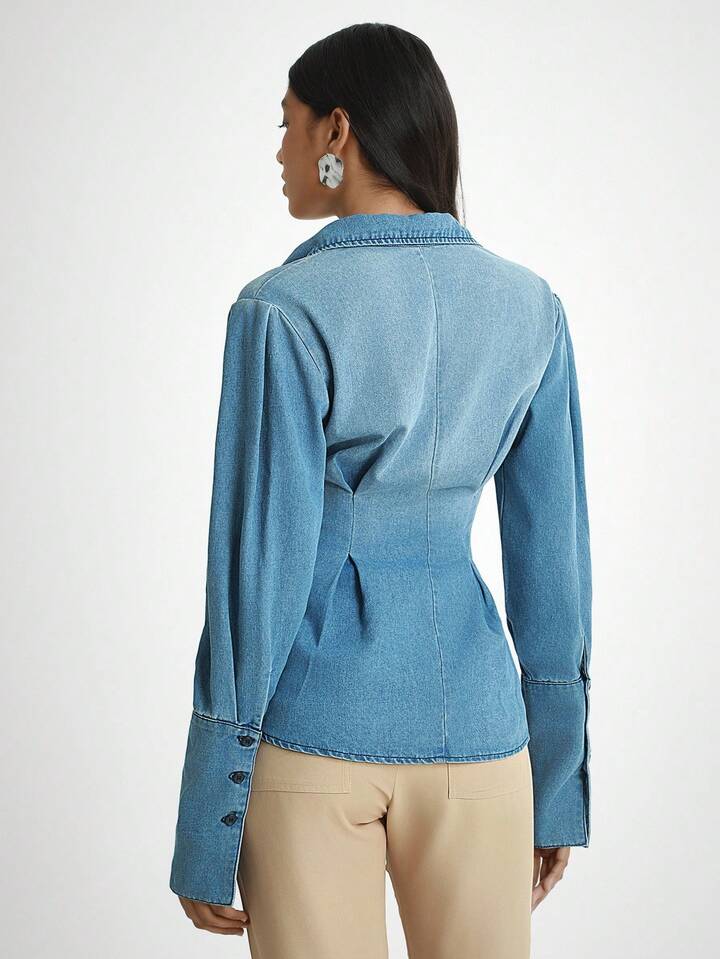 CM-TS723297 Women Elegant Seoul Style Medium Wash Collar Neckline Waist Cinched Long Sleeve Pleated Denim Shirt
