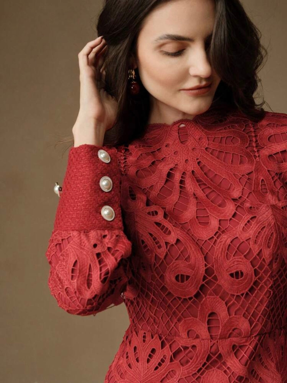 CM-DS114407 Women Elegant Seoul Style Stand Collar Long Sleeve Lace Patchwork Cheongsam Dress - Burgundy
