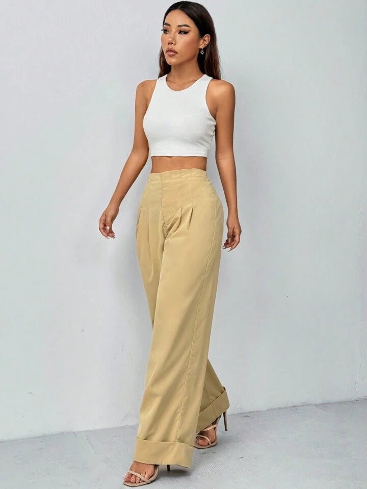 CM-BS628128 Women Casual Seoul Style High Waist Loose Foldover Wide Leg Pants - Khaki