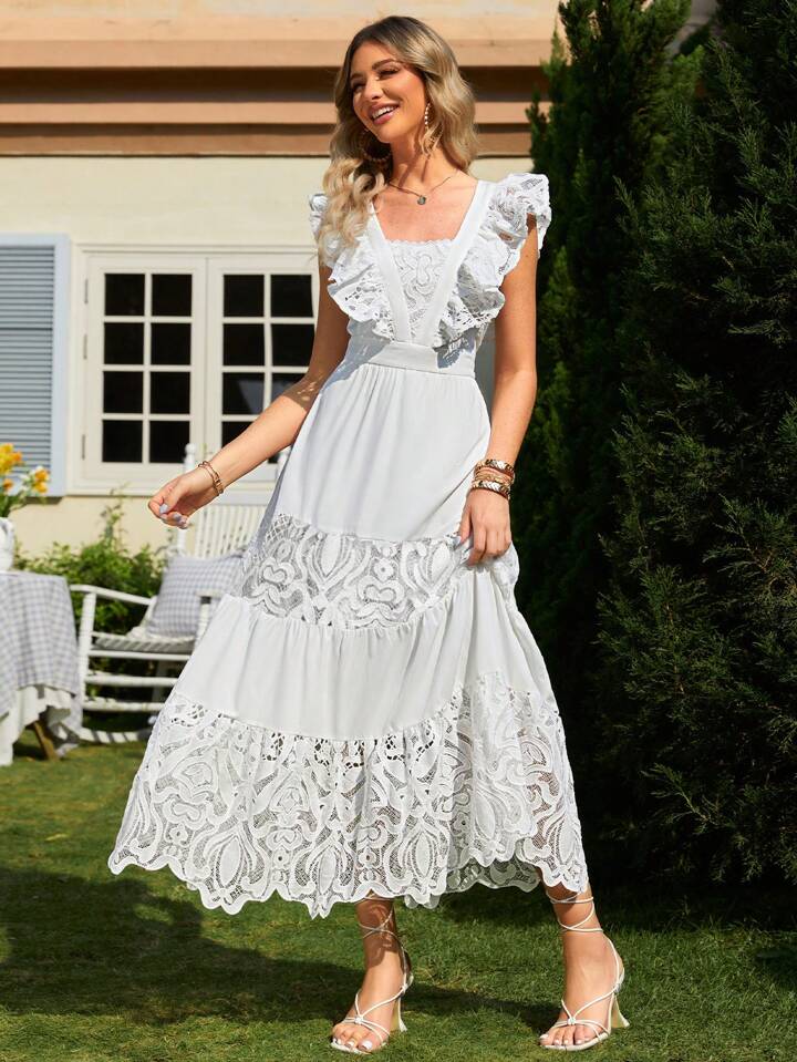 CM-DS973690 Women Elegant Seoul Style Square Neck Mesh Splice Ruffle Hem Dress - White