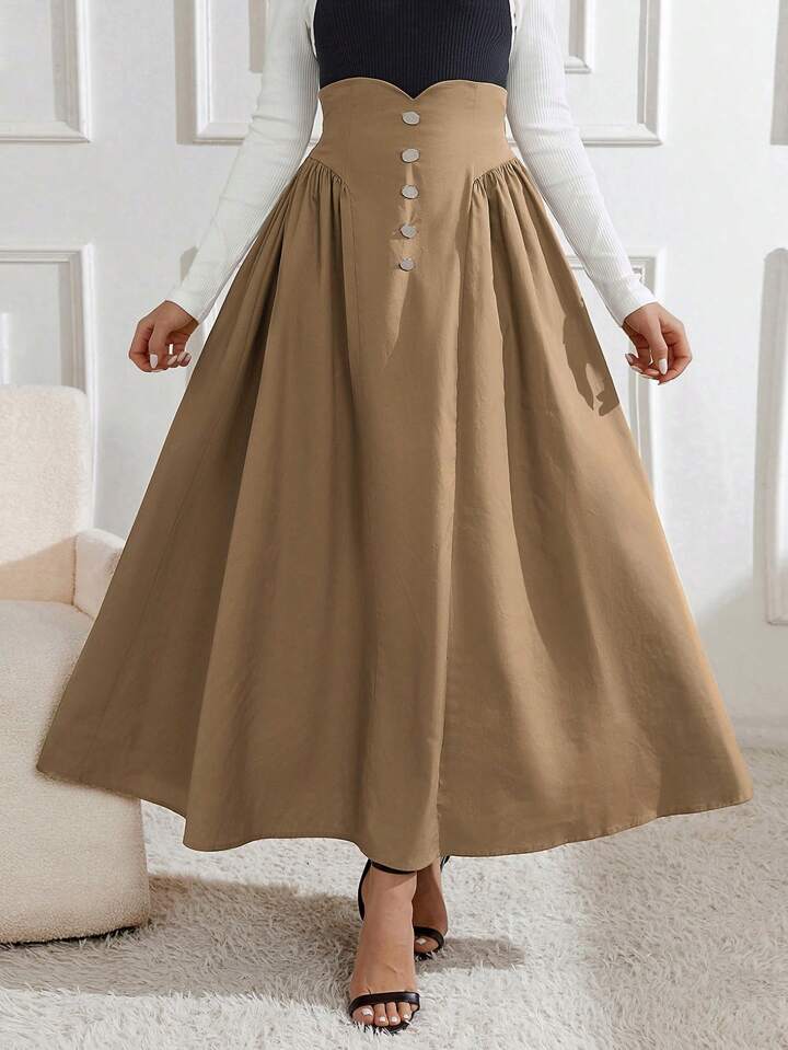 CM-BS236107 Women Elegant Seoul Style Button Decorated Pleated Skirt - Khaki