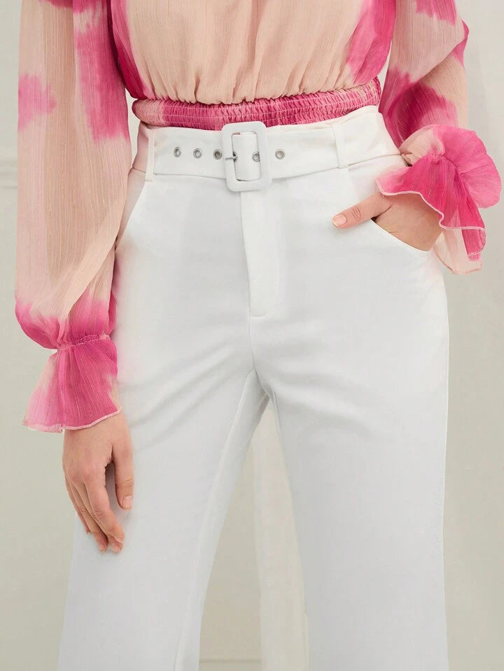 CM-BS067926 Women Casual Seoul Style Belt Loop Embroidery High Waist Flare Leg Pants - White
