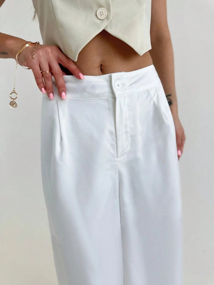 CM-BS063961 Women Casual Seoul Style Low Waist Pleated Straight Leg Long Pants - White