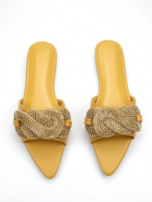 CM-SHS667969 Women Trendy Seoul Style Satin Rhinestone Decor Slide Sandals - Mustard Yellow