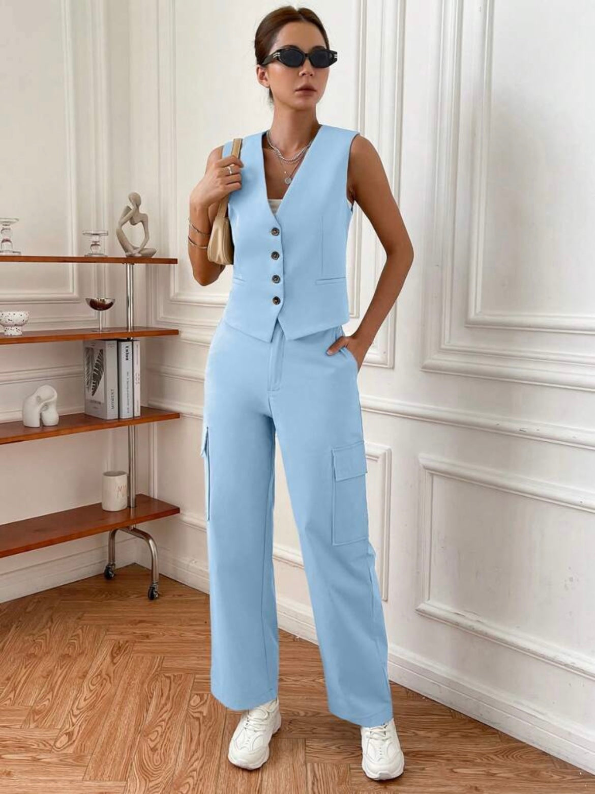 CM-SS755162 Women Elegant Seoul Style V-Neck Sleeveless Vest With Pocket Design Pants - Baby Blue