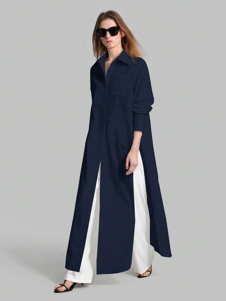 CM-TS896861 Women Casual Seoul Style Shirt Collar Long Sleeve Front Button High Slit Long Shirt - Navy Blue