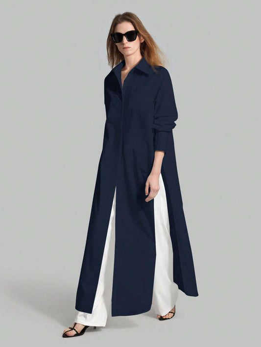 CM-TS896861 Women Casual Seoul Style Shirt Collar Long Sleeve Front Button High Slit Long Shirt - Navy Blue