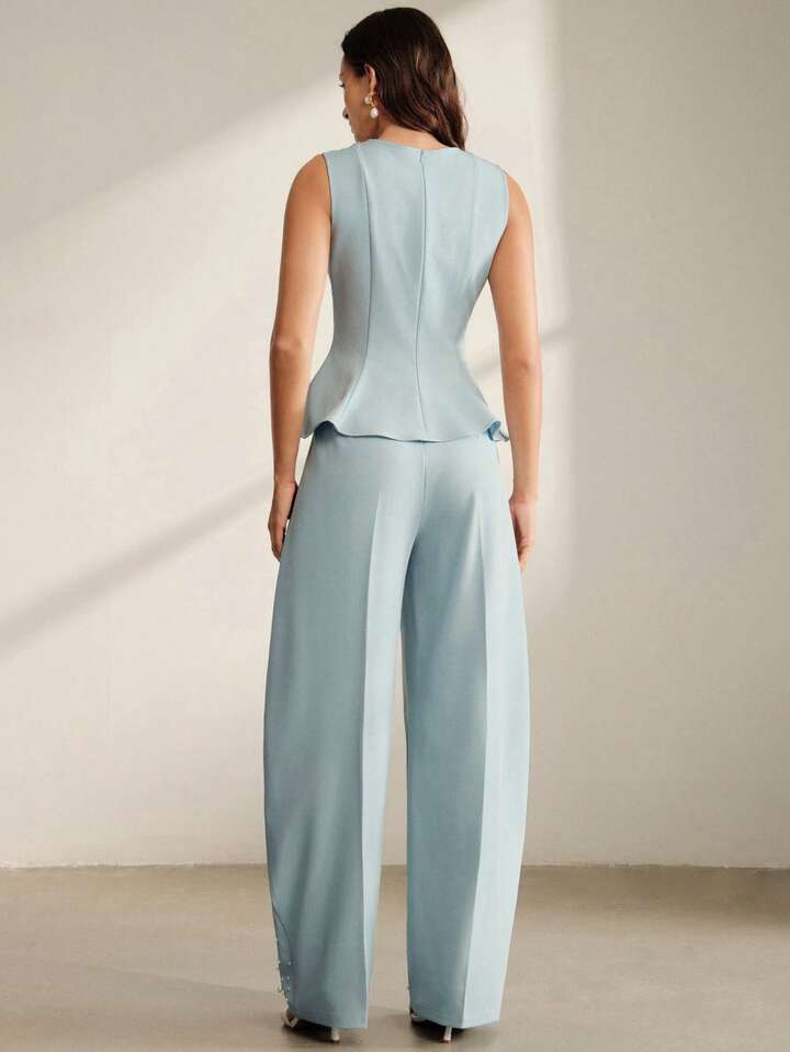 CM-SS517859 Women Elegant Seoul Style Round Neck Sleeveless Beaded Ruffle Hem Blouse With Tapered Trousers - Set