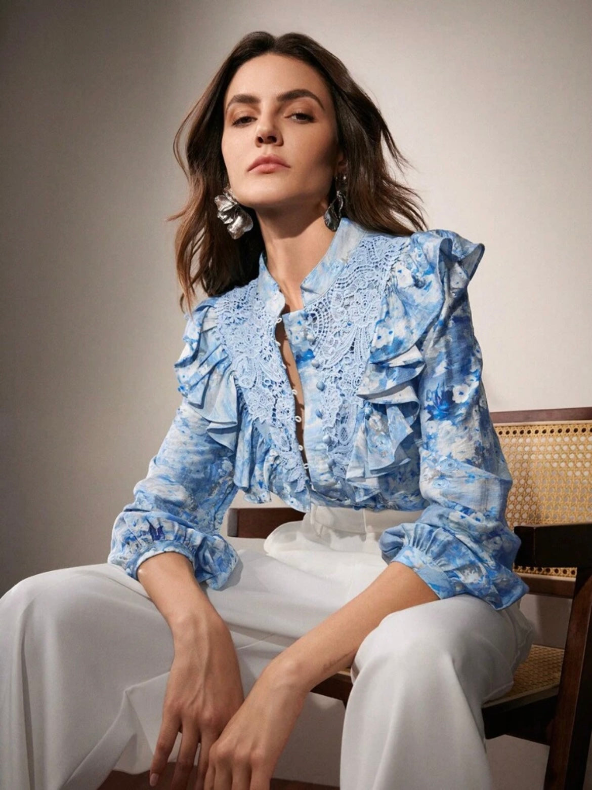 CM-TS773607 Women Elegant Seoul Style Floral Print Lace Ruffled Trim Blouse - Blue